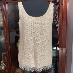 True Vintage 60s Cream Beaded Wool Knit Sleeveless Top Fringed